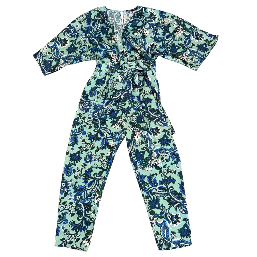Zara Paisley Print Wrap Jumpsuit Green Blue Kimono Sleeve Belted Pockets Medium